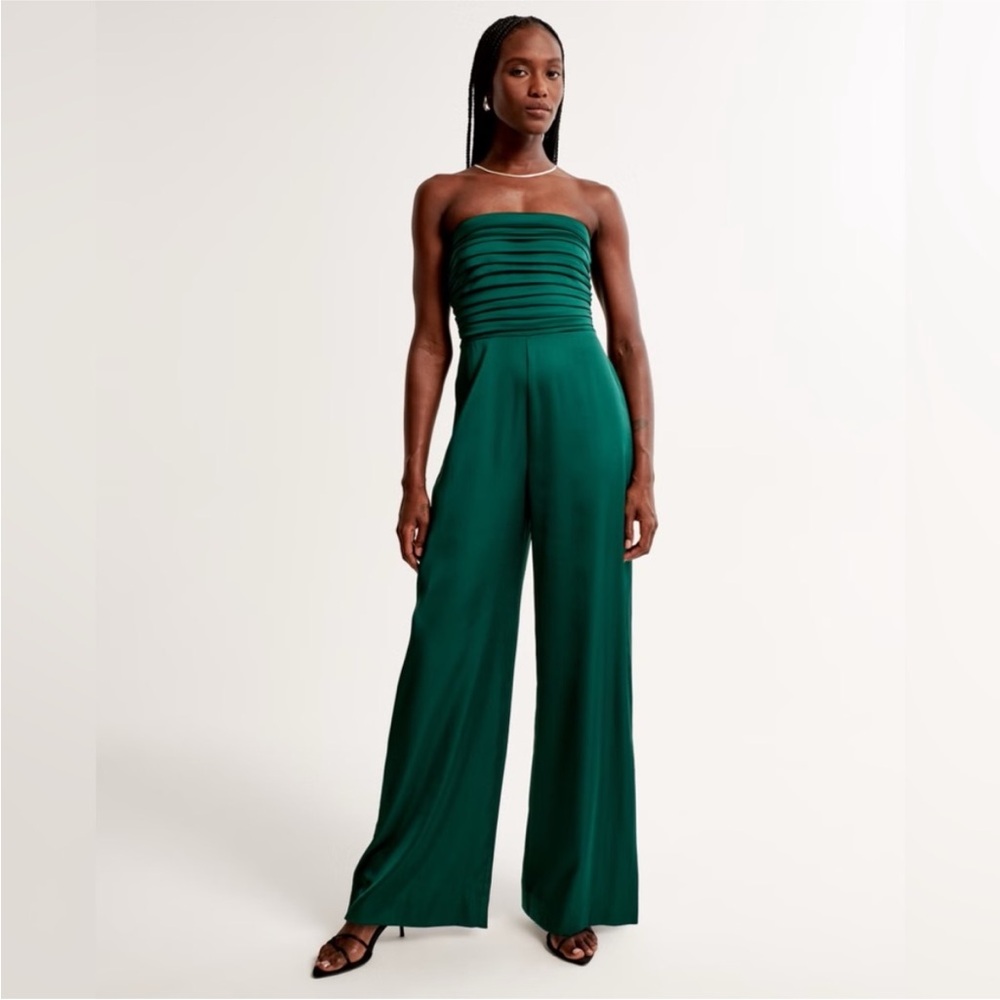 NWT Abercrombie & Fitch Strapless Emerald Green Wide-Leg Jumpsuit - Picture 2 of 4